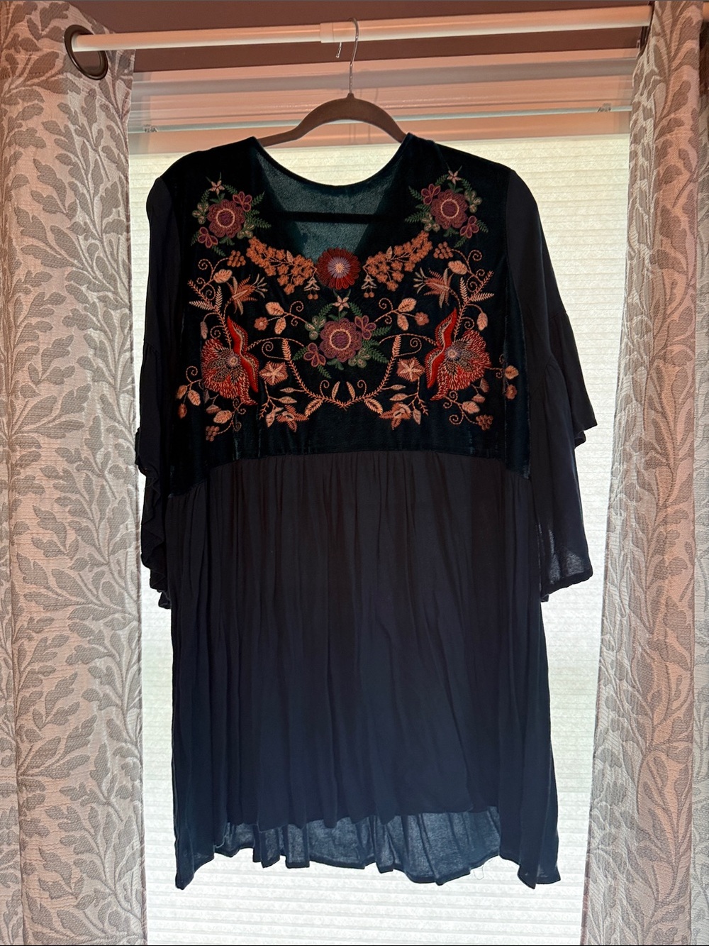 Women’s dark teal Embroidered velvet Tunic Top - Boho Floral Detail